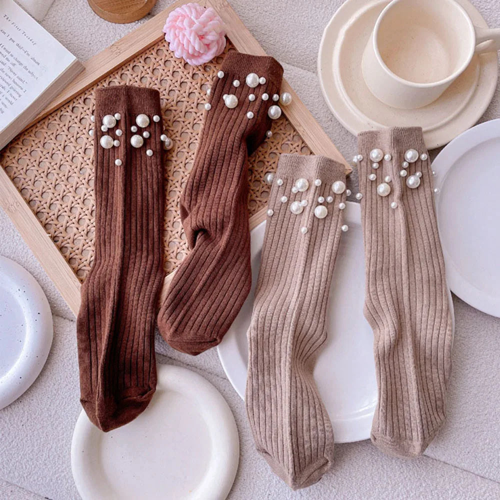 Pearl Cotton Socks Women Solid Short Socks Foot Socks Hosiery Mid-tube Socks Casual Simple Fashion Pearl Decoration