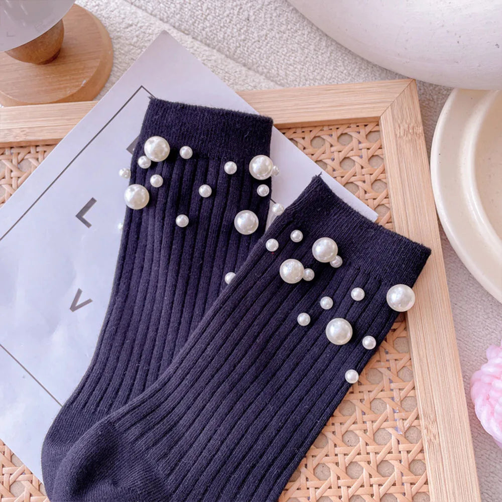 Pearl Cotton Socks Women Solid Short Socks Foot Socks Hosiery Mid-tube Socks Casual Simple Fashion Pearl Decoration black