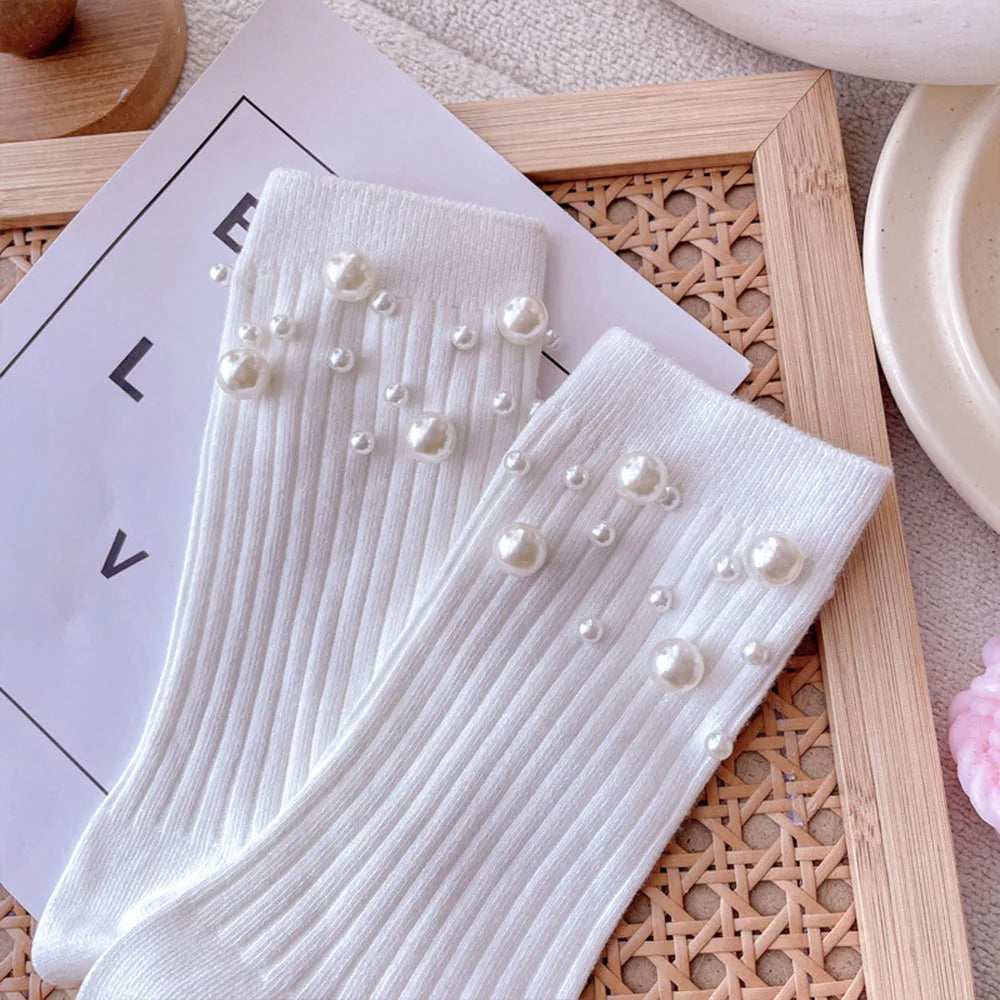 Pearl Cotton Socks Women Solid Short Socks Foot Socks Hosiery Mid-tube Socks Casual Simple Fashion Pearl Decoration WHITE