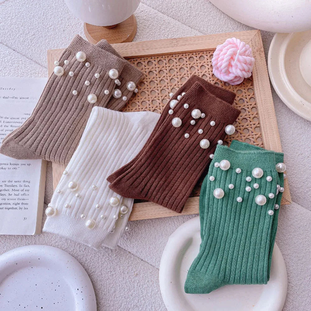 Pearl Cotton Socks Women Solid Short Socks Foot Socks Hosiery Mid-tube Socks Casual Simple Fashion Pearl Decoration
