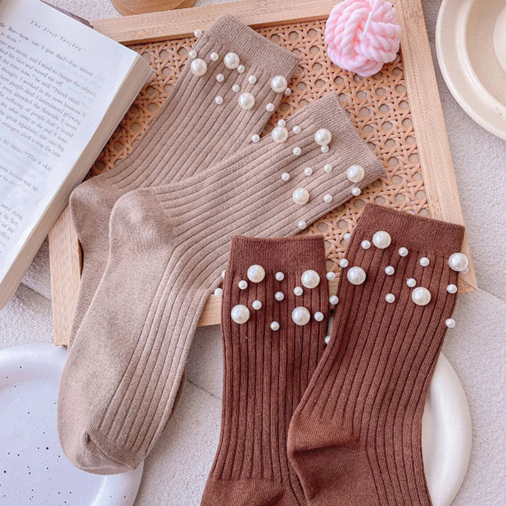 Pearl Cotton Socks Women Solid Short Socks Foot Socks Hosiery Mid-tube Socks Casual Simple Fashion Pearl Decoration