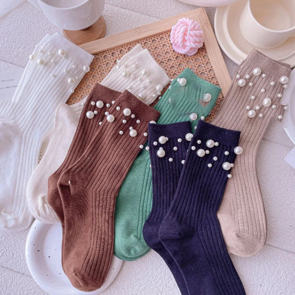 Pearl Cotton Socks Women Solid Short Socks Foot Socks Hosiery Mid-tube Socks Casual Simple Fashion Pearl Decoration