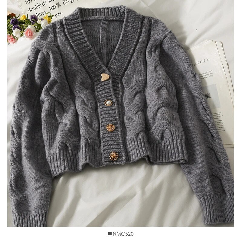 Pearl Diary Women Autumn Winter Sweater Cardigans Novelty Metal Buttons Casual French Style Braid Pattern Warm Cardigans gray One Size