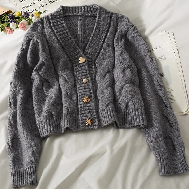 Pearl Diary Women Autumn Winter Sweater Cardigans Novelty Metal Buttons Casual French Style Braid Pattern Warm Cardigans