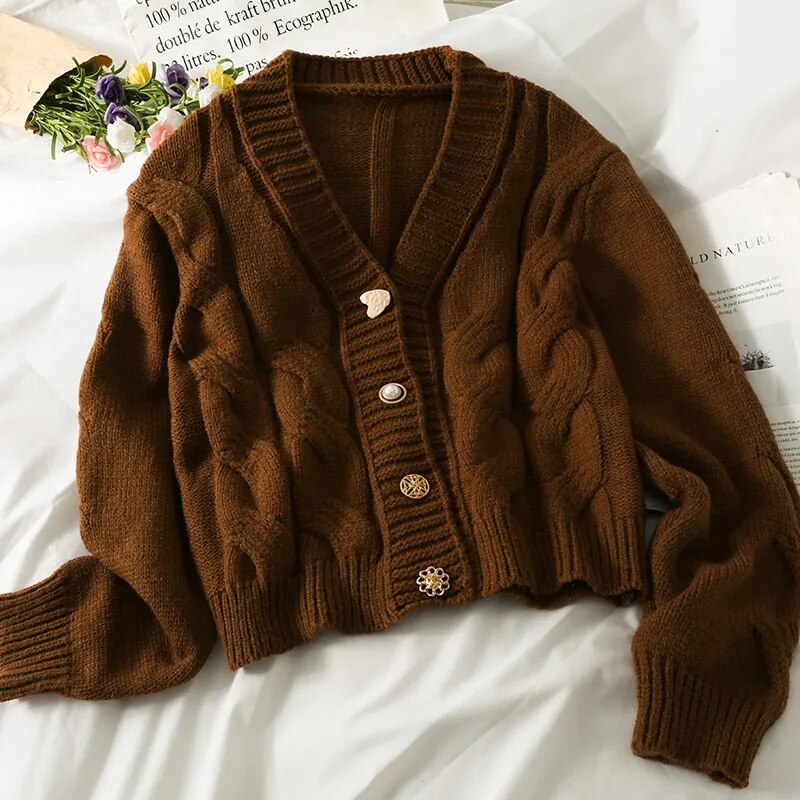 Pearl Diary Women Autumn Winter Sweater Cardigans Novelty Metal Buttons Casual French Style Braid Pattern Warm Cardigans