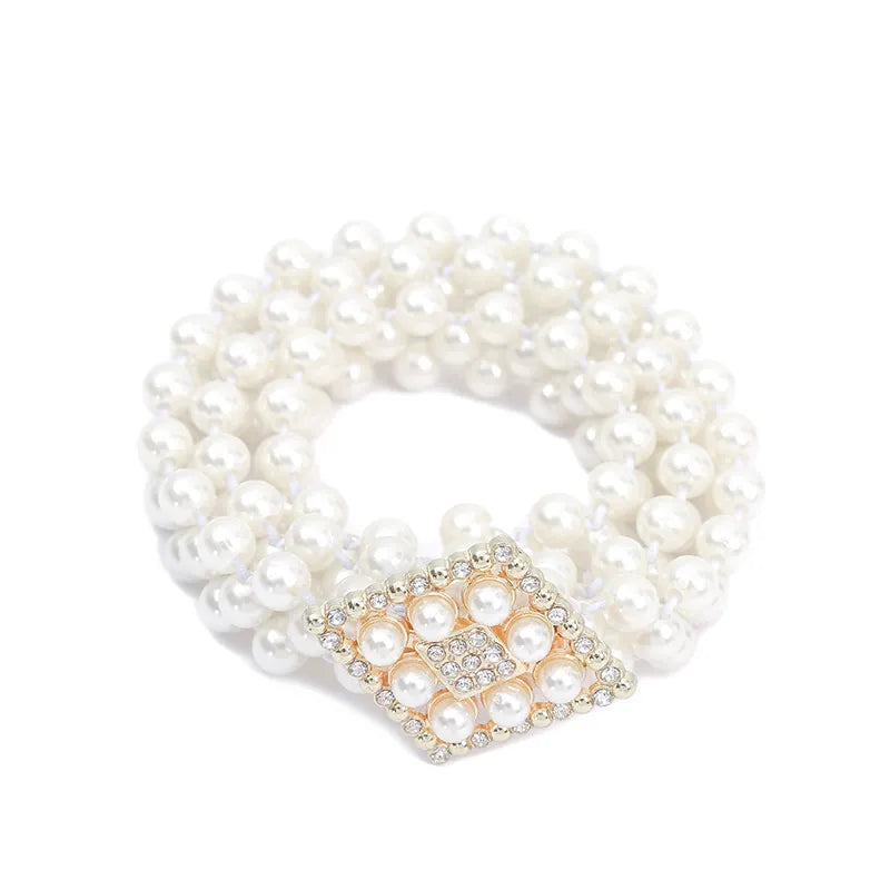 Pearl Waist Belt Gold And Silver Bow Tie Buckles Elastic Rhinestone Waistband Jewelry for Women and Girls 05 Golden Rhombus 115 cm