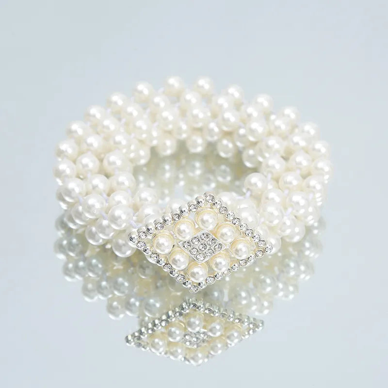 Pearl Waist Belt Gold And Silver Bow Tie Buckles Elastic Rhinestone Waistband Jewelry for Women and Girls 18 Silver Rhombus 115 cm