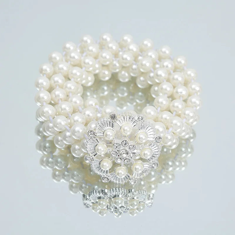 Pearl Waist Belt Gold And Silver Bow Tie Buckles Elastic Rhinestone Waistband Jewelry for Women and Girls 04 Plum Blossom 115 cm