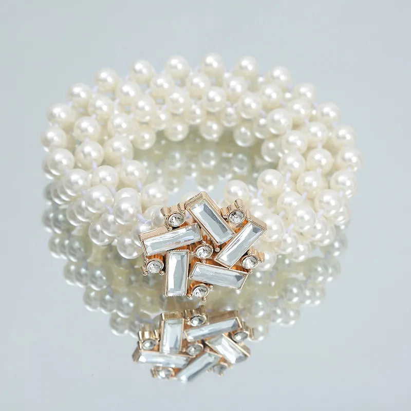 Pearl Waist Belt Gold And Silver Bow Tie Buckles Elastic Rhinestone Waistband Jewelry for Women and Girls 13 Golden Snowflake 115 cm