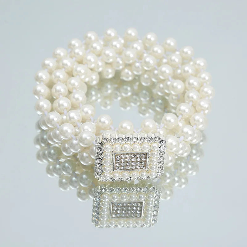 Pearl Waist Belt Gold And Silver Bow Tie Buckles Elastic Rhinestone Waistband Jewelry for Women and Girls 10 Silver Rectangle 115 cm