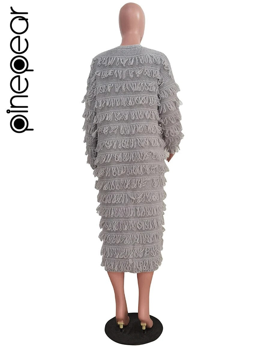 PinePear 2024 Fall Winter Women Crochet Knit Cardigans Fashion Casual Tassels Sweater Maxi Coats Ladies Open Stitch Long Trench