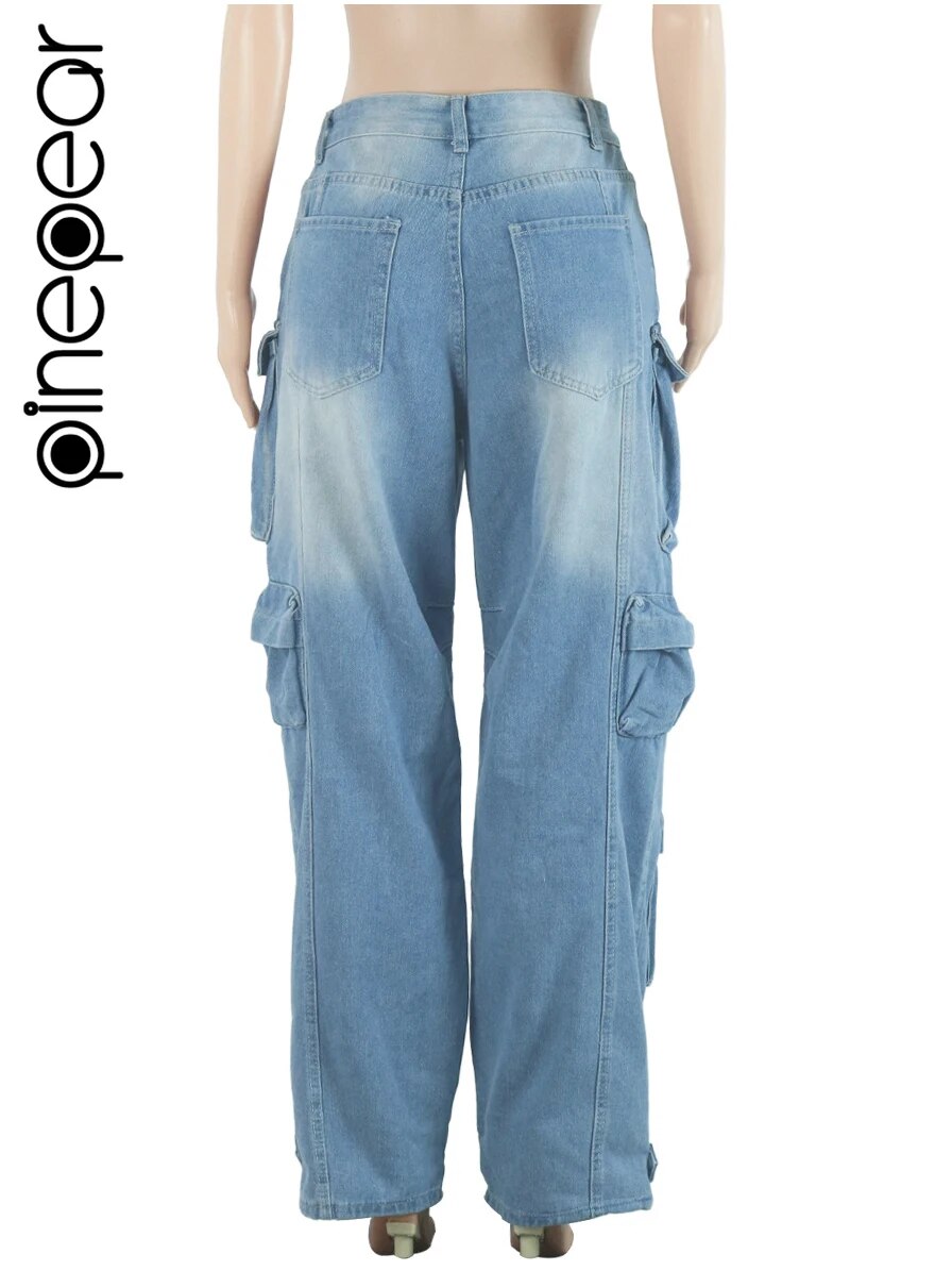PinePear 2024 High Fashion Y2K Wide Leg Jeans Women Pockets Denim Trousers Female Vintage Loose Straight Long Pants Streetwear