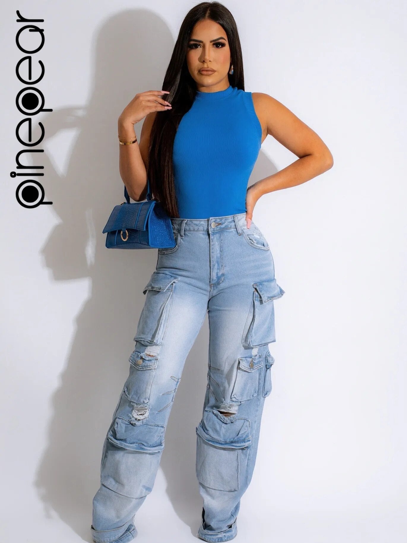 PinePear 2024 High Fashion Y2K Wide Leg Jeans Women Pockets Denim Trousers Female Vintage Loose Straight Long Pants Streetwear