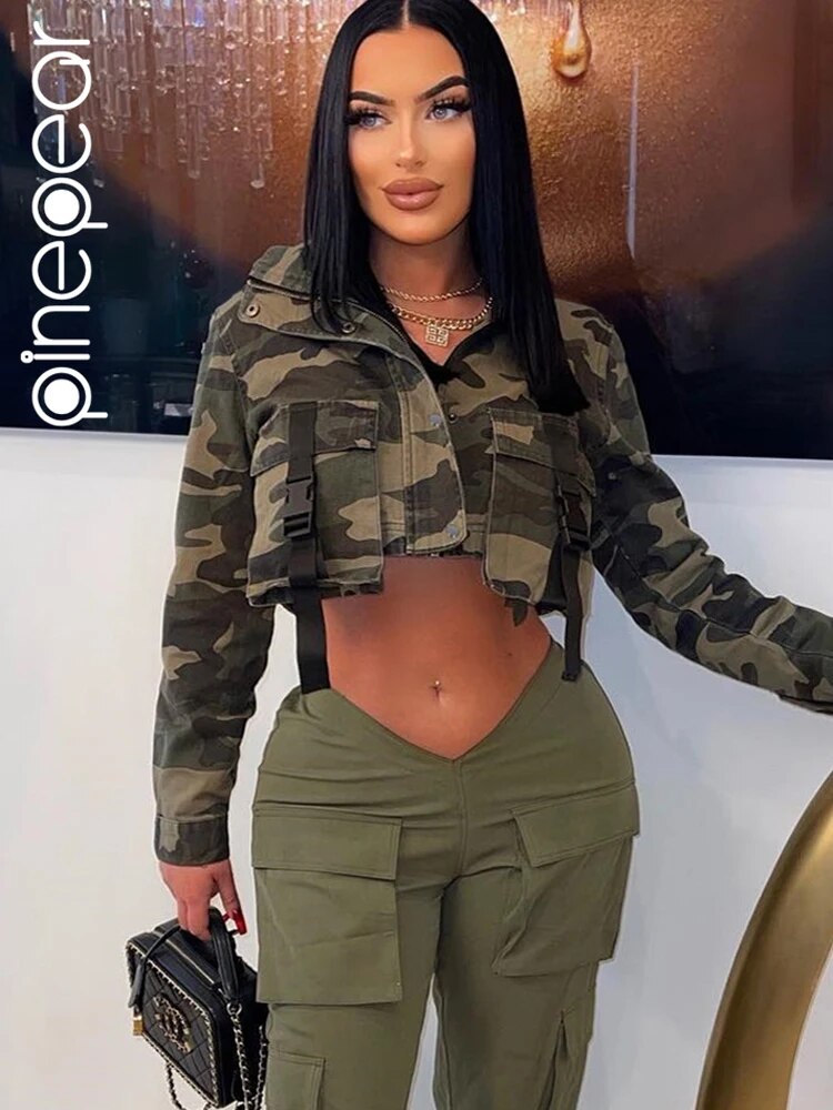 PinePear Camouflage Denim Big Pocket Short Jacket Women 2024 Fall INS Trend Camo Turtleneck Long Sleeve Cropped Coat Streetwear