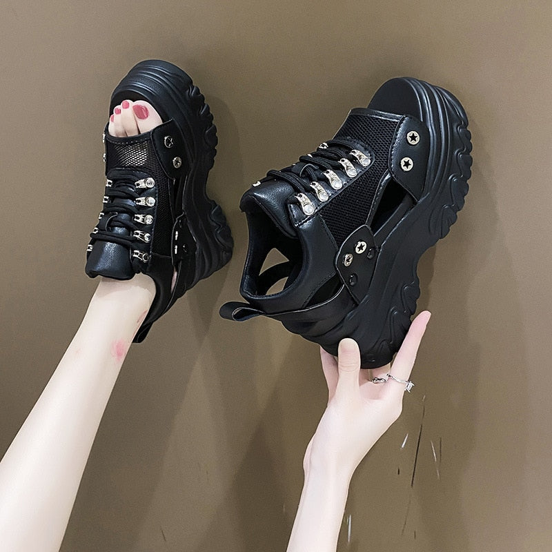 Pink 8CM High Heels Women Summer Platform Sandals Breathable Wedges Ladies Beach Mesh Slippers Chunky Rome Shoes Sandalias Mujer