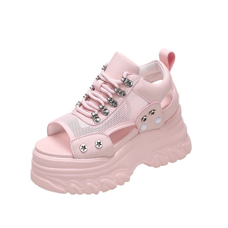 Pink 8CM High Heels Women Summer Platform Sandals Breathable Wedges Ladies Beach Mesh Slippers Chunky Rome Shoes Sandalias Mujer Pink