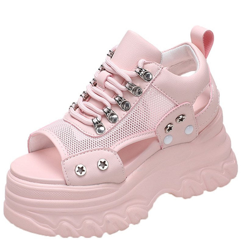 Pink 8CM High Heels Women Summer Platform Sandals Breathable Wedges Ladies Beach Mesh Slippers Chunky Rome Shoes Sandalias Mujer
