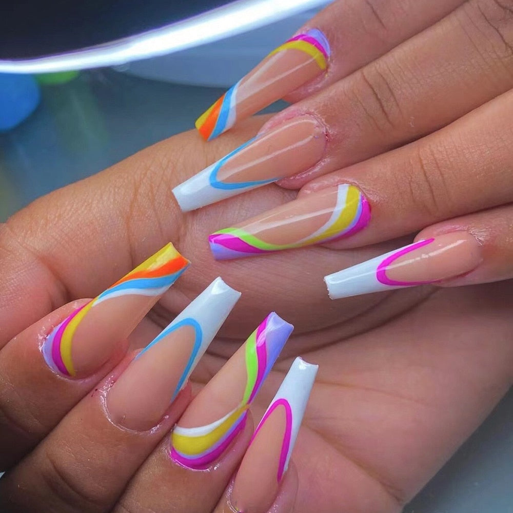 Pink Cow Design False Nail French Full Cover Long Coffin Fake Nails Glue DIY Manicure Nail Art Tools press on nails nail tips C9