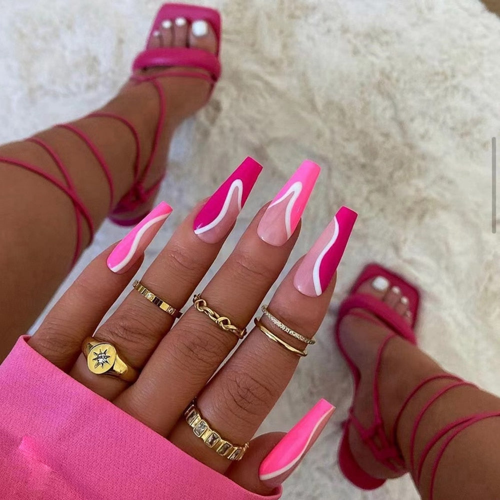 Pink Cow Design False Nail French Full Cover Long Coffin Fake Nails Glue DIY Manicure Nail Art Tools press on nails nail tips A5