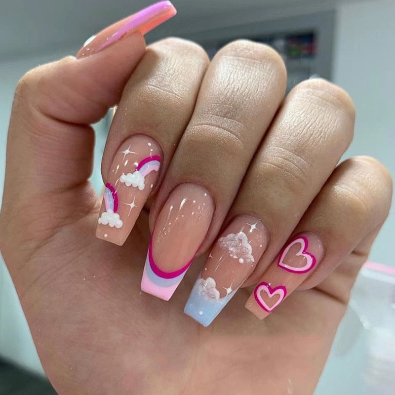 Pink Doodle French Wearable Nail Art Cartoon Style Design Fake Nails Detachable Finished False Nails Press on Nails with Glue MT968JP2298