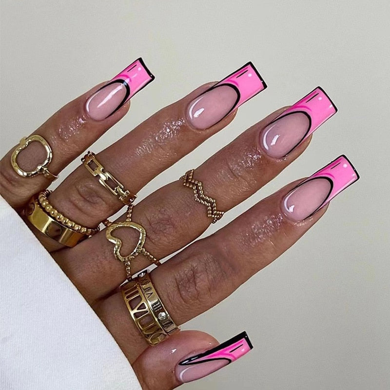 Pink Doodle French Wearable Nail Art Cartoon Style Design Fake Nails Detachable Finished False Nails Press on Nails with Glue MT975JP2204
