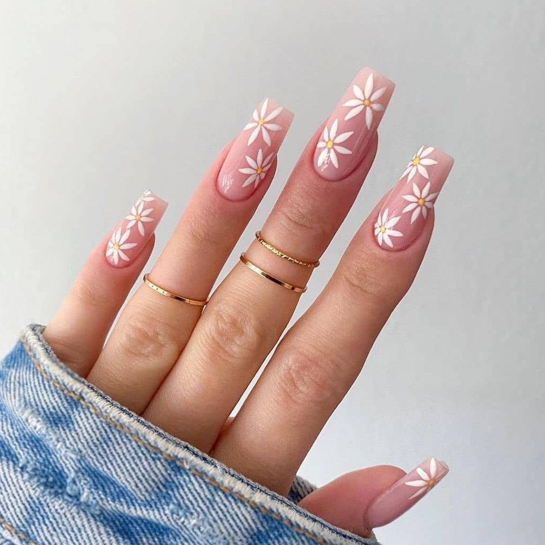 Pink False Nails With Small Flower Design Detachable Long Coffin French Ballerina Fake Nails Full Cover Nail Tips Press On Nails 4