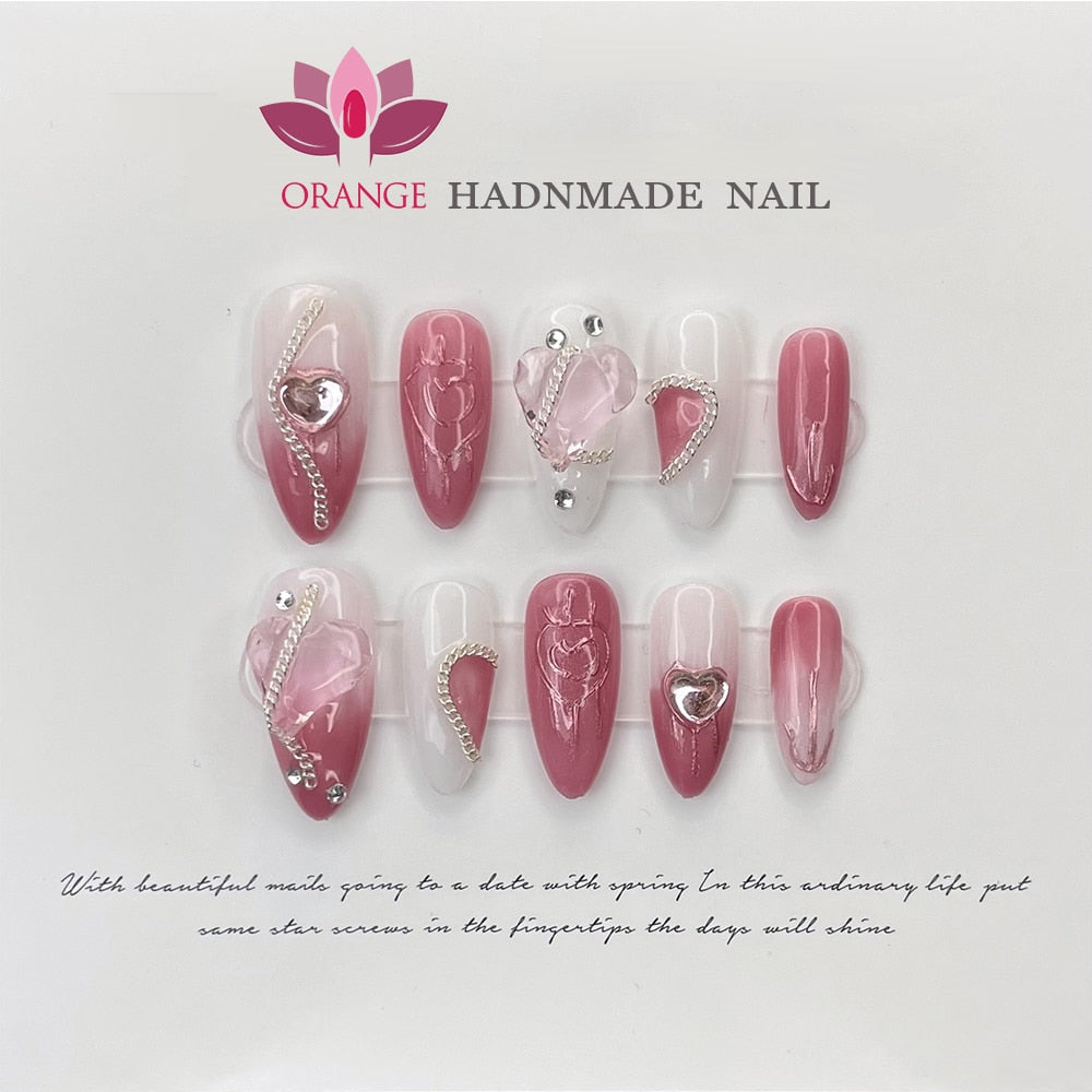 Pink Handmade Nails Press on Full Cover Professional Nails Manicuree Heart False Nails Japanese Wearable Artificial With Designs