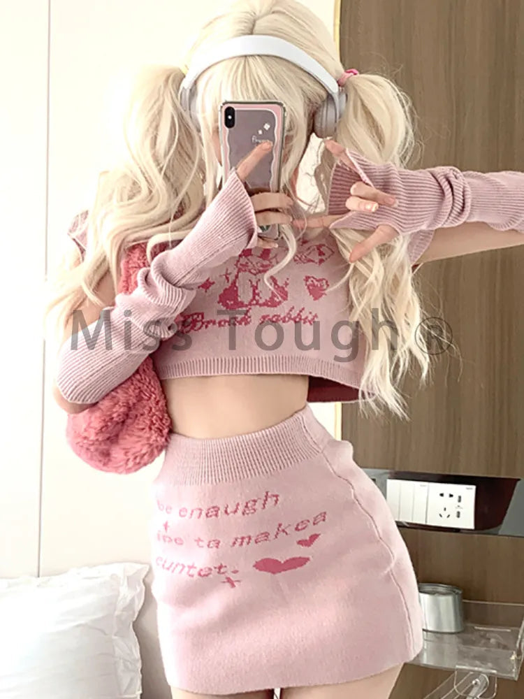Pink Japanese Kawaii 3 Piece Set Women Rabbit Print Sweet Cute Skirt Suit Female Knitted French Crop Tops + Party Mini Skirt New