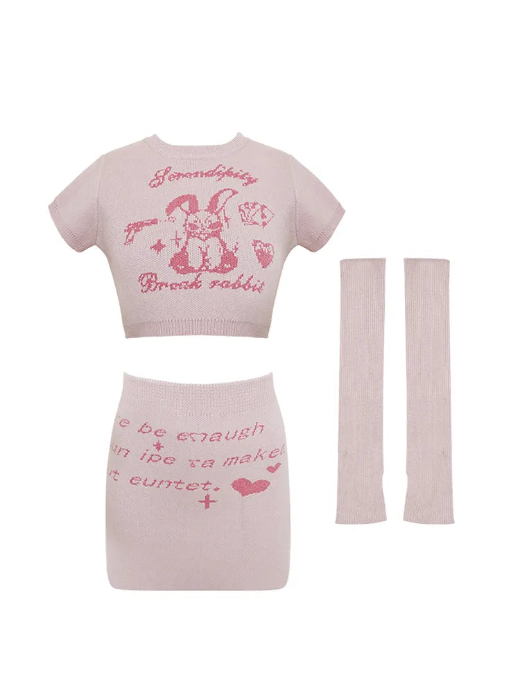 Pink Japanese Kawaii 3 Piece Set Women Rabbit Print Sweet Cute Skirt Suit Female Knitted French Crop Tops + Party Mini Skirt New Pink
