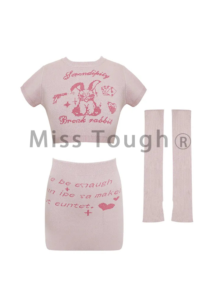 Pink Japanese Kawaii 3 Piece Set Women Rabbit Print Sweet Cute Skirt Suit Female Knitted French Crop Tops + Party Mini Skirt New