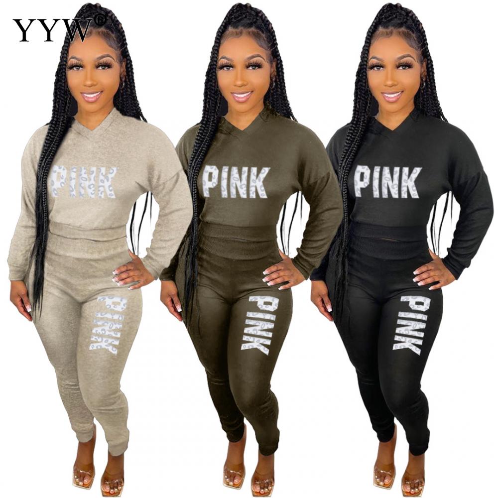 Pink Letter Print Sporty Casual 2 Piece Sets Women Fall Spring Zip Sweatsuit Outfit Pockets Coat Sweatpants Tracksuit Suits