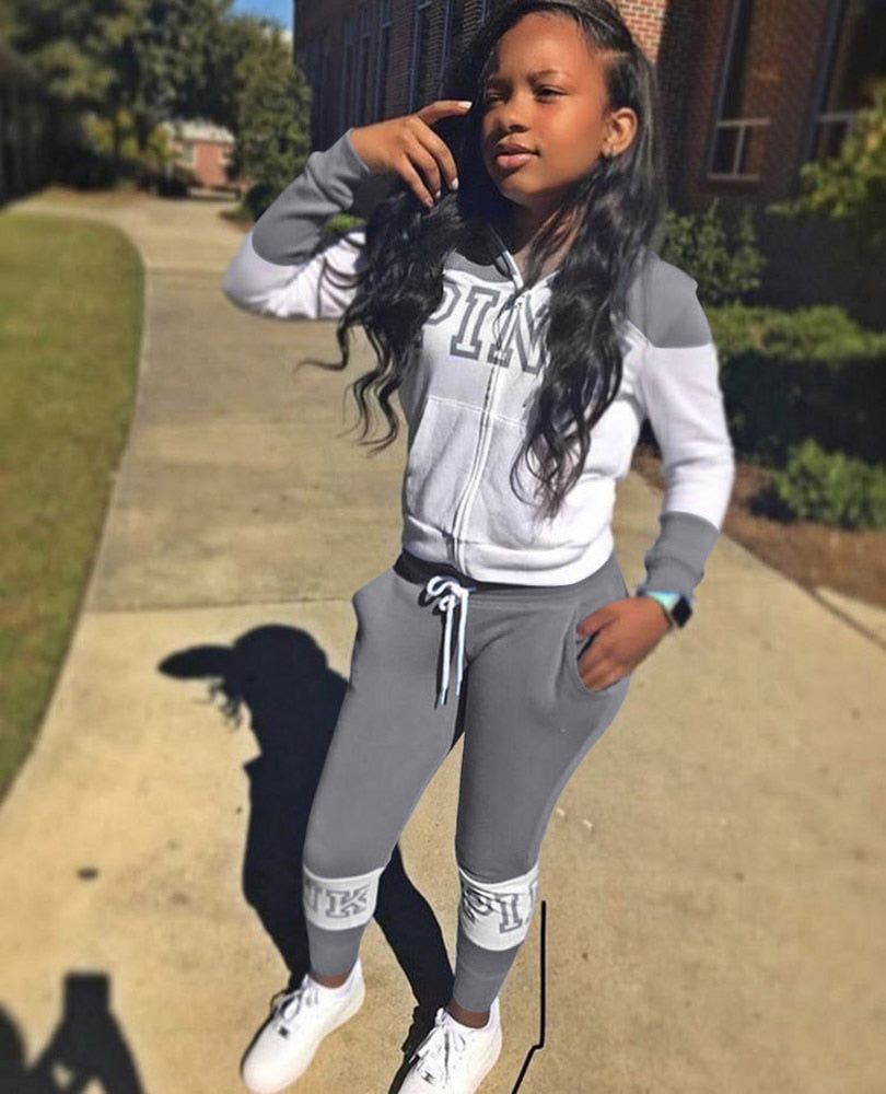 Pink Letter Print Sporty Casual 2 Piece Sets Women Fall Spring Zip Sweatsuit Outfit Pockets Coat Sweatpants Tracksuit Suits Grey A