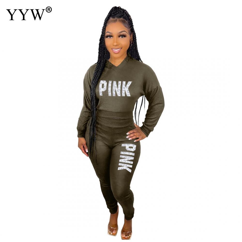 Pink Letter Print Sporty Casual 2 Piece Sets Women Fall Spring Zip Sweatsuit Outfit Pockets Coat Sweatpants Tracksuit Suits