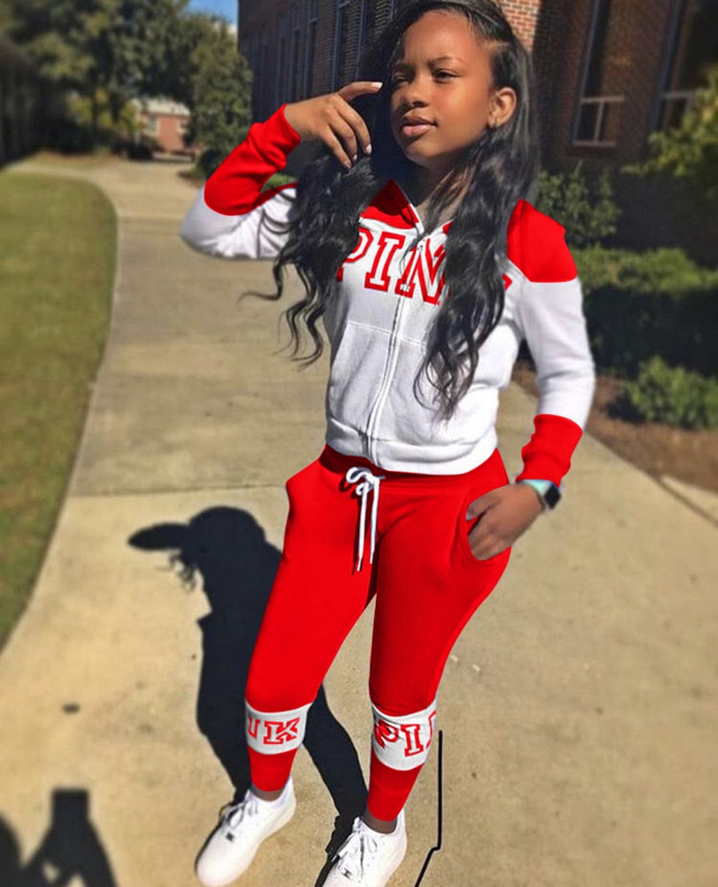 Pink Letter Print Sporty Casual 2 Piece Sets Women Fall Spring Zip Sweatsuit Outfit Pockets Coat Sweatpants Tracksuit Suits Red A