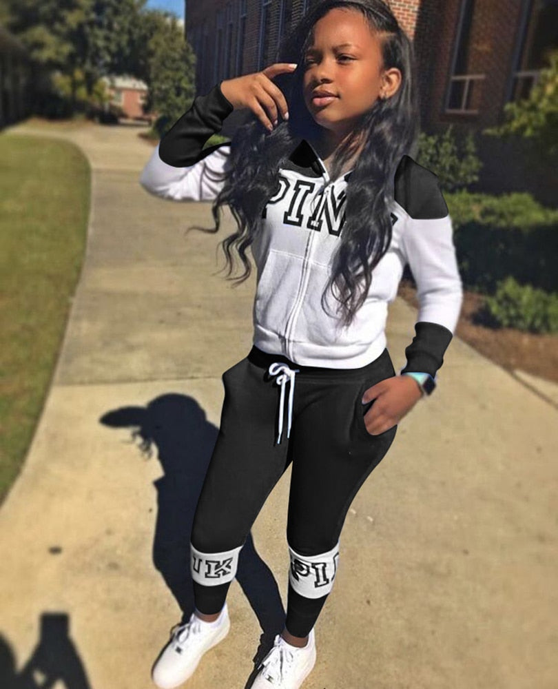 Pink Letter Print Sporty Casual 2 Piece Sets Women Fall Spring Zip Sweatsuit Outfit Pockets Coat Sweatpants Tracksuit Suits