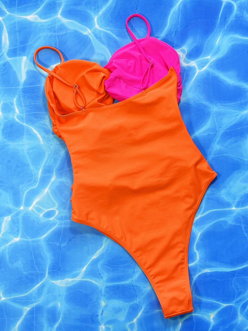 Pink Orange Patchwork One Piece Swimsuit - Swimwear Female Bather Bathing Suit Monokini Trikini