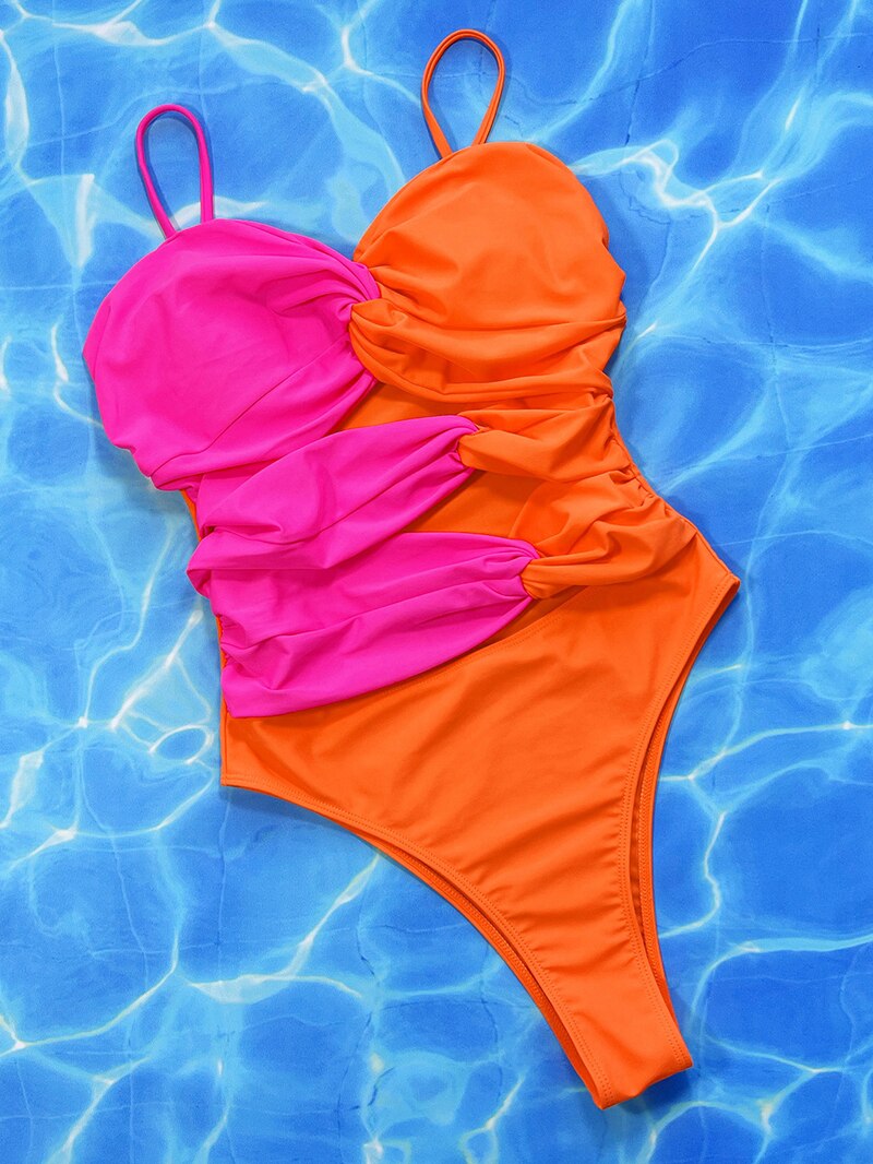 Pink Orange Patchwork One Piece Swimsuit - Swimwear Female Bather Bathing Suit Monokini Trikini