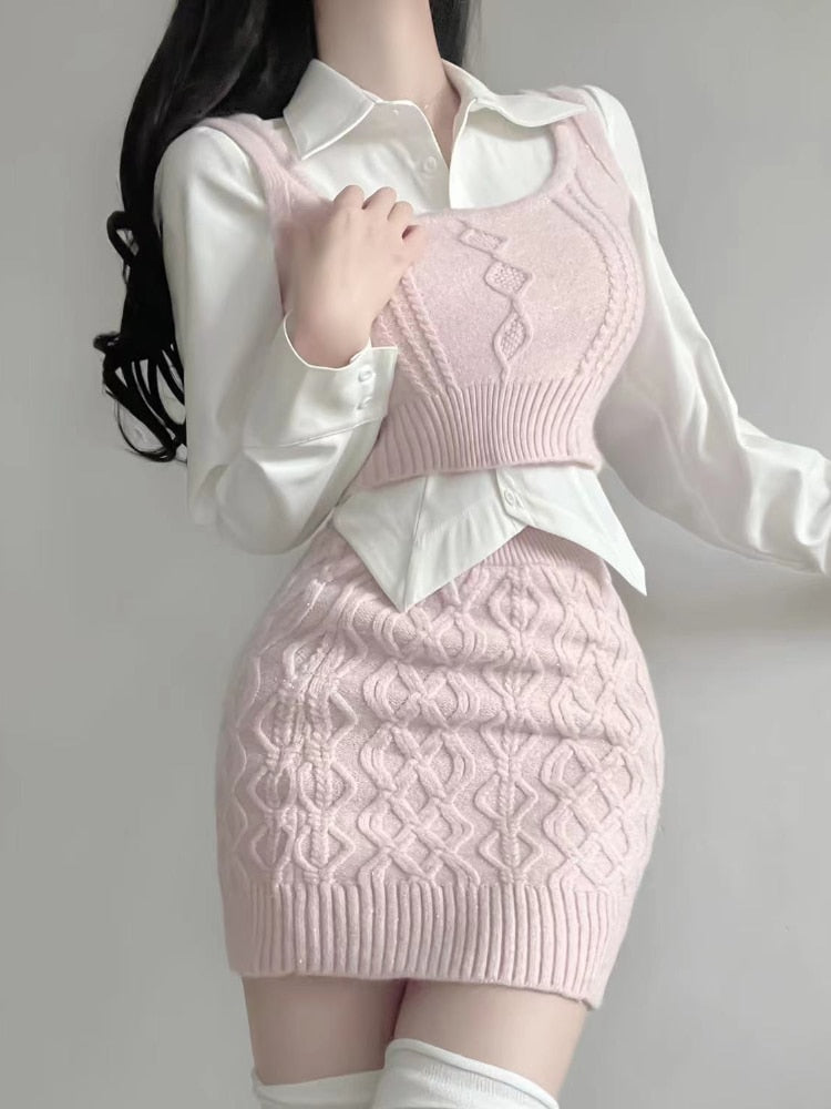 Pink Preppy Style 3 Piece Set Women Korean Fashion Knitted Mini Skirt Suit Female Casual Blouses + Elegant Vest + Vintage Skirt