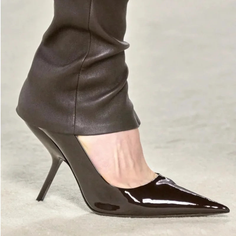 2025 New Style Women's High Heels Shoes Patent leather Pointed Toe Solid Color Night Club Party Shoes Femme Summer Half Slippers Dark Khaki