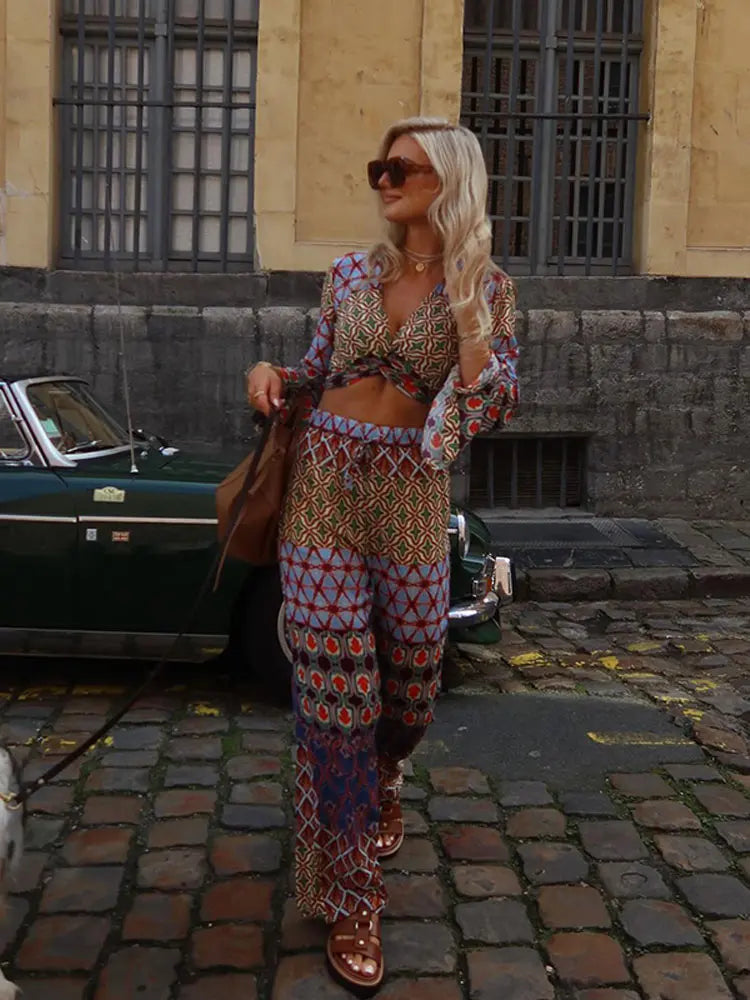 Vintage Sexy Casual Print Straight Trousers Set For Women Chic V Neck Flare Sleeve Twisted Tops Suit Female High Street Outfits