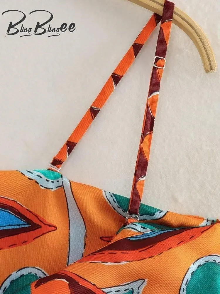 BlingBlingee Summer Printed Women Wide Pants Satin Suits Traf Asymmetric Sleeveless Strapless Crop Top Female Sets Y2K