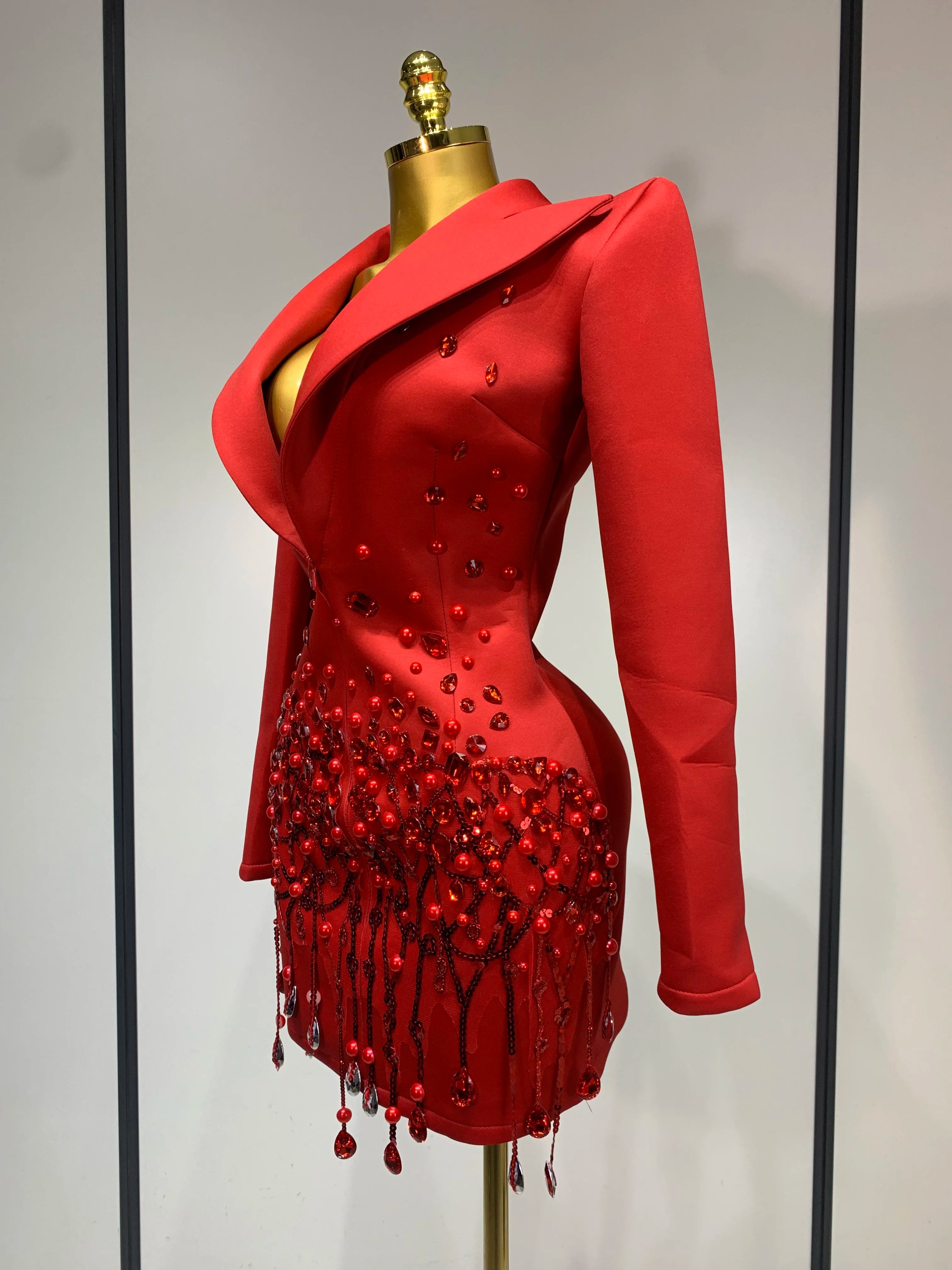 Luxury Rhinestone Deep V-Neck Slim Fit Red Suit Dress 2025 New Fashion Celebirty Elegant Evening Club Party Dresses