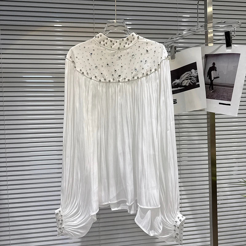 Winter New Fashion Diamond Design Loose Heavy Chiffon Blouse For Women Casual Versatile Shirts Female Trend 11A07689