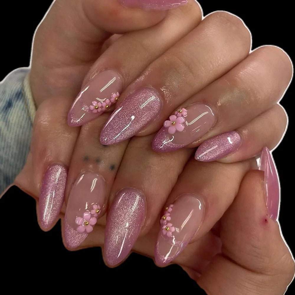 24pcs/set Medium fake nails for women girls 3D embossed flowers fruit shell rhinestones design Almond tips press on false nail 2732