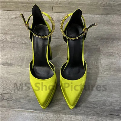 Luxury Women High Heel Shoes Platform Sandals Pointed Toe Woman Silk Pumps Sexy Rhinestone Buckle Chunky Heel Wedding Shoes 2024 yellow
