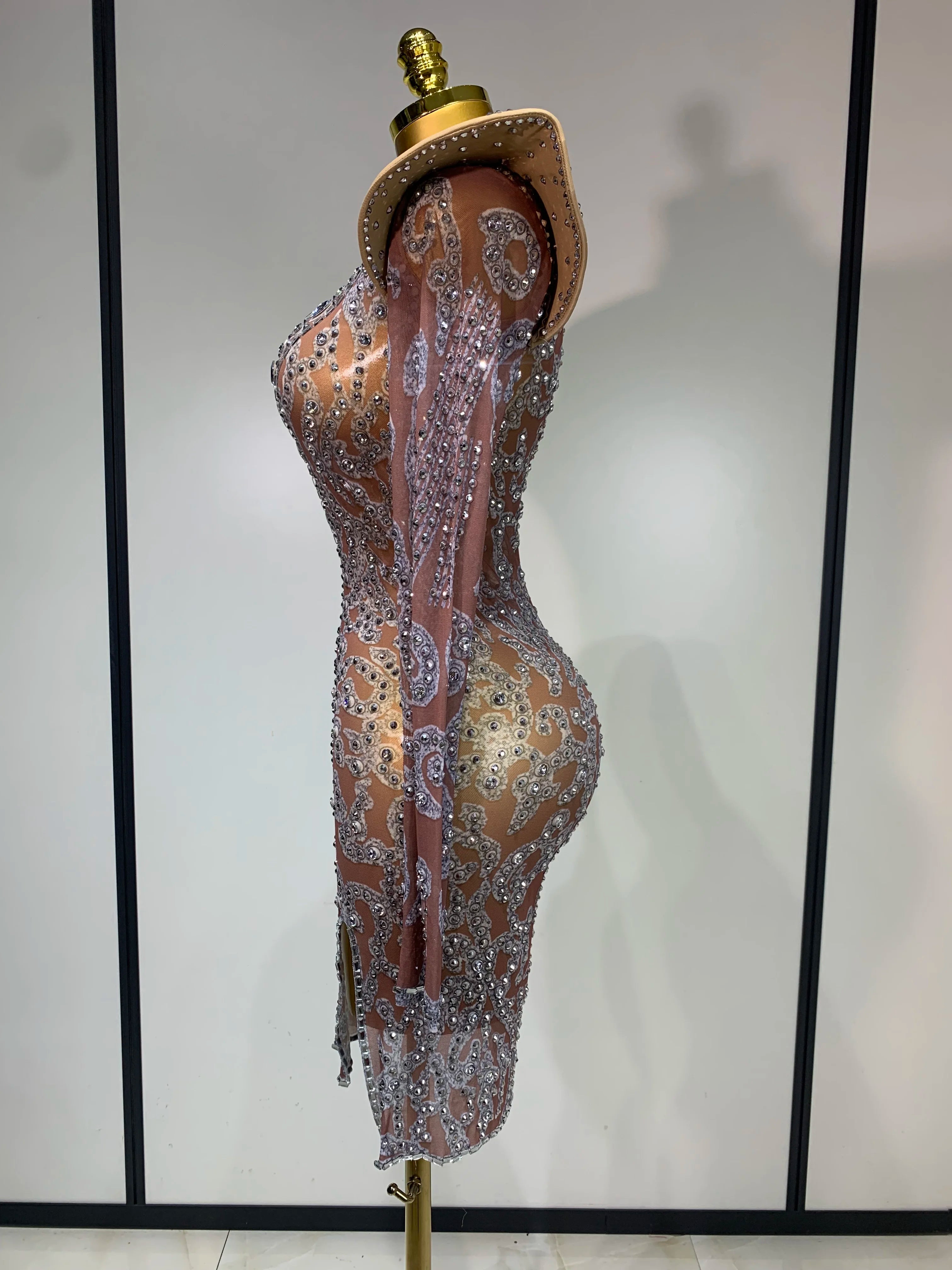 Women Shiny Rhinestones Mesh Transparent Mini Dress Luxury Birthday Celebrate Photoshoot Dress Singer Stage Drag Queen Costume