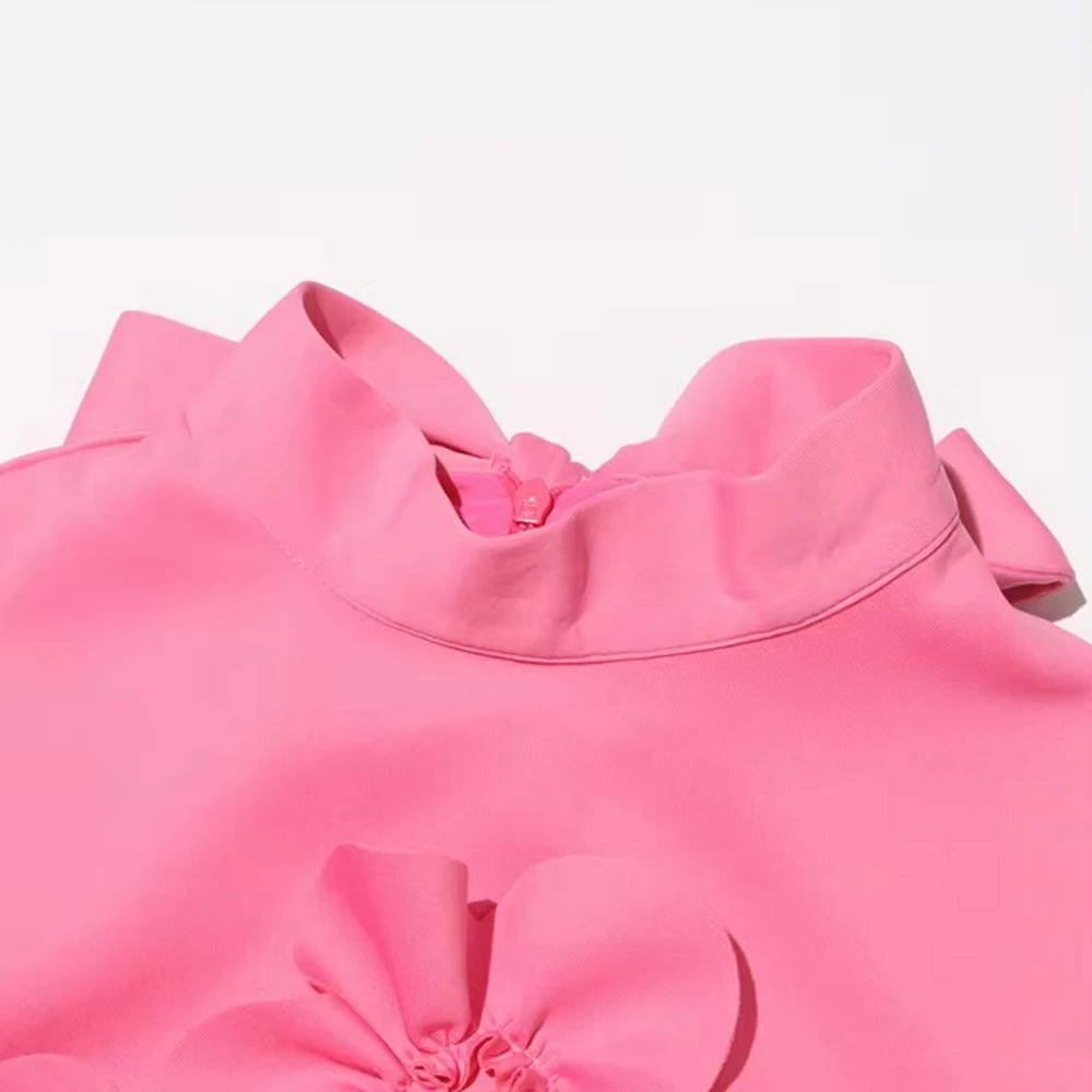 Solid Spliced Lace Up Dress For Women Stand Collar Sleeveless High Waist Patchwork Applique Maxi Dresses Female