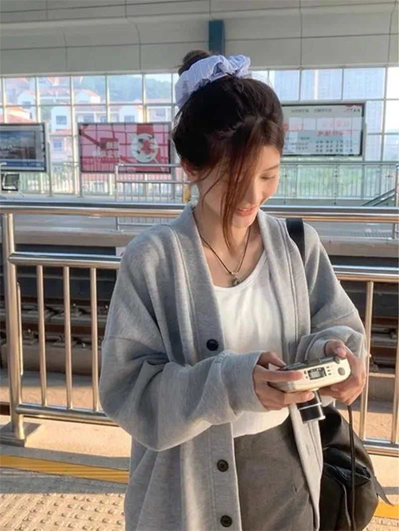 New Explosive JK Coat Top College Style Grey V-neck Cardigan Hoodie Women's Autumn/Winter Plush Korean Series Women