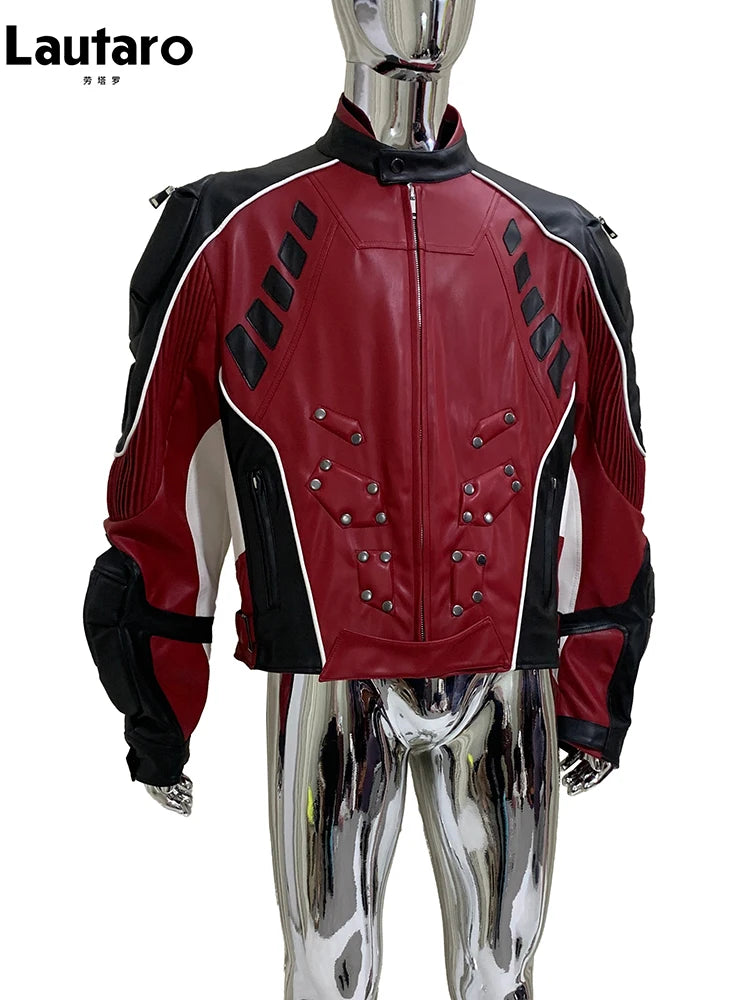 Mauroicardi Autumn Winter Cool Short Patchwork Pu Leather Racer Jacket Men Shoulder Pads Rivet Runway European Fashion Clothes Patchwork