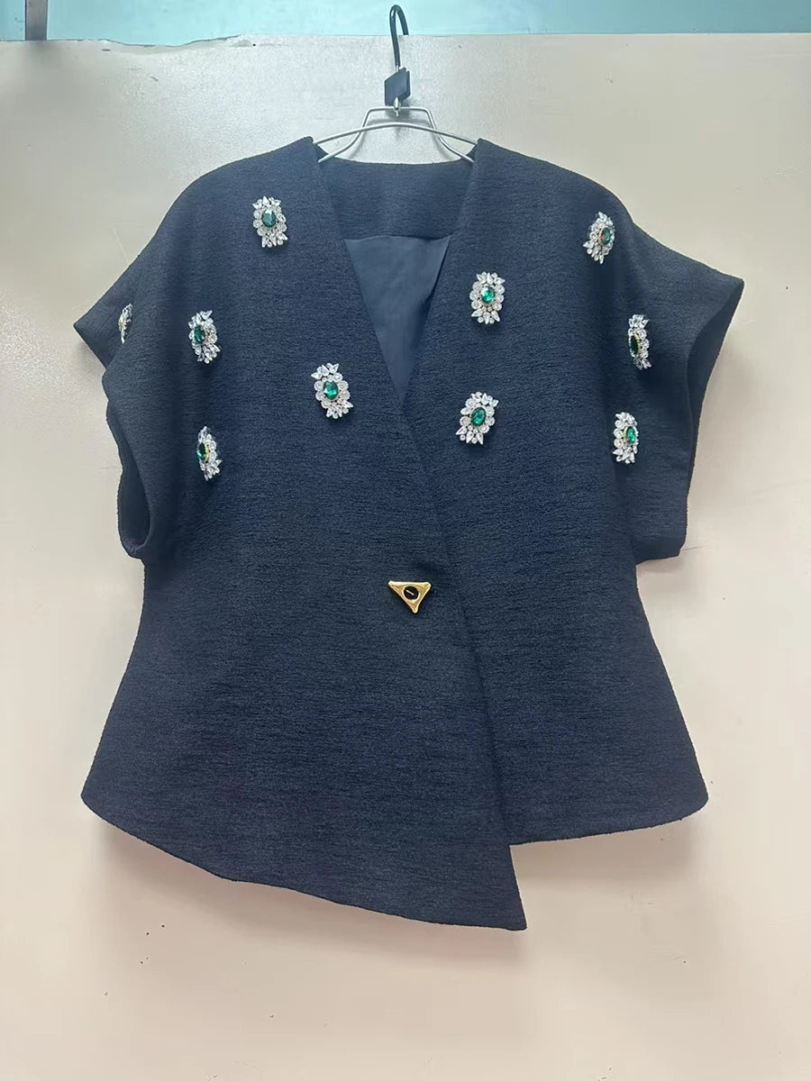 Solid Spliced Bead Luxurious Jackets for Women V Neck Short Sleeves Patchwork Button Elegant Jacket Femlae Fashion BLACK